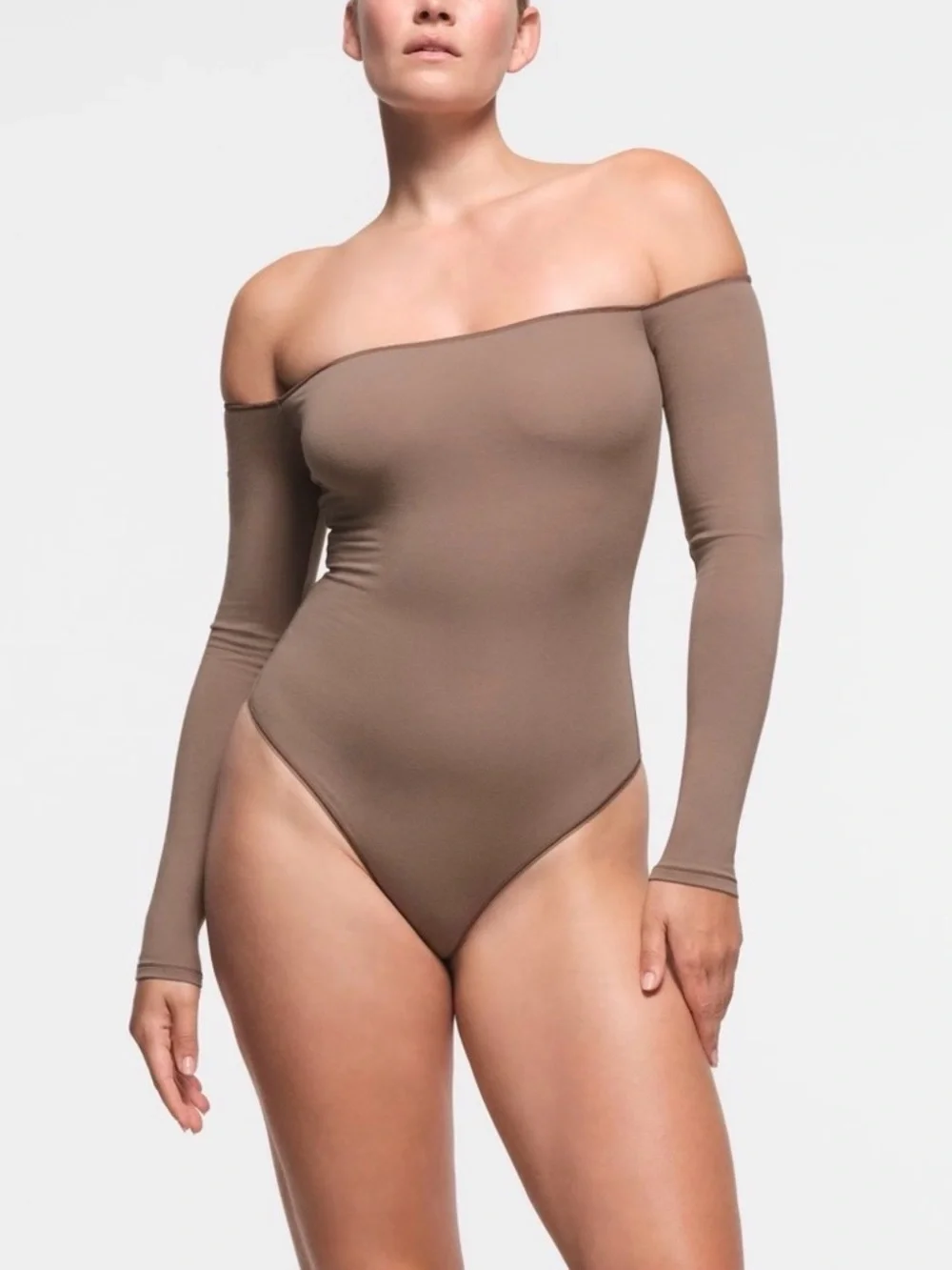 Skims Off-Shoulder Long Sleeve Women’s Bodysuit - Brown